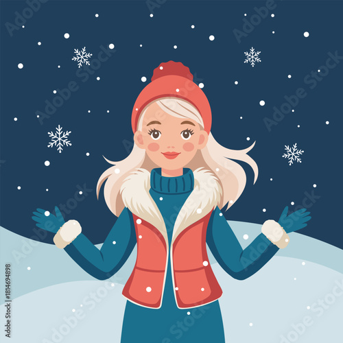Cute girl in warm winter clothes catches snowflakes. Illustration for winter holiday backgrounds.