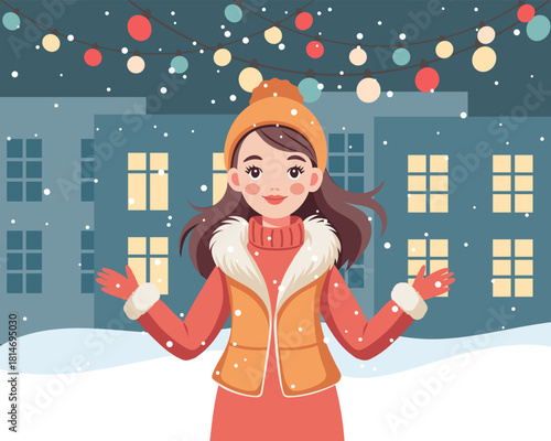 Happy girl enjoys a snowy winter night in a city with festive lights. Illustration.