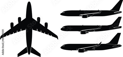 Airplane silhouette set with top and side views, commercial jet aircraft illustration collection for aviation design, travel graphics and transportation projects