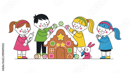 Crafting Festive Delight: A group of enthusiastic children collaborates on building and decorating a gingerbread house, capturing the essence of holiday creativity and childlike wonder.