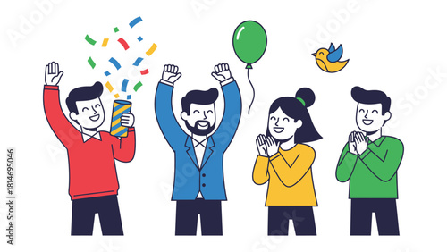 Celebration of Joyful Moments: The image depicts four figures in a festive celebration, embodying happiness with vibrant confetti, a buoyant balloon, and the symbol of joy.