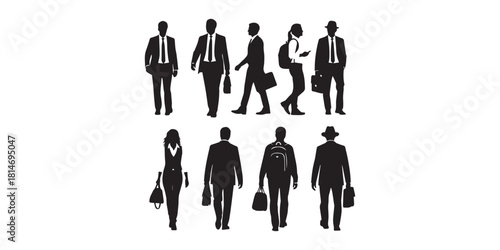 Set of silhouettes of men and women, walking business people, front and back view, vector, profile, black color, isolated on white background, Vector set of snanding and walking business people, 
