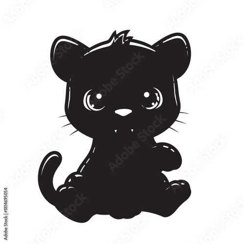Adorable black cartoon kitten with big eyes and curled tail in a cute silhouette illustration.