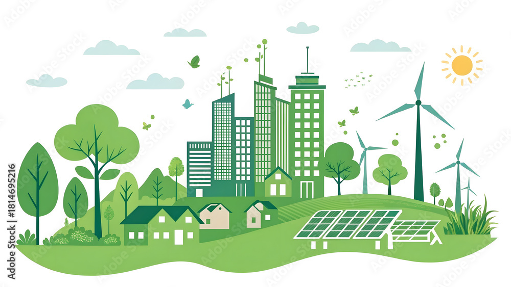 Obraz premium Sustainable Green City Landscape with Renewable Energy Solar Panels, Wind Turbines, and Eco-Friendly Buildings
