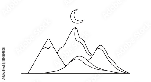 Minimalist lineart illustration of layered mountains beneath a crescent moon at night.