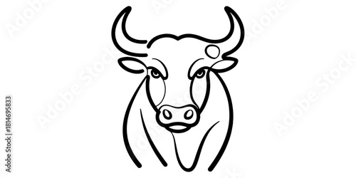 Minimal continuous line drawing of a forward facing bull head, emphasizing strength, symbolism, and clean graphic