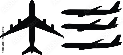 Airplane silhouette set featuring top and side jet views, commercial aircraft illustration collection for aviation design, travel graphics and transportation projects