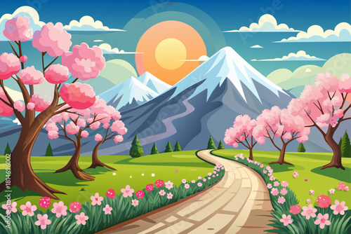 Spring background with pink flowers on one side of a road covered with green grass ending at a snow covered mountain with the sun shining and spreading its light.