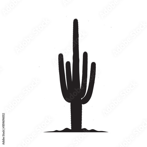 Desert silhouette of a tall cactus with arms against a blank white background.