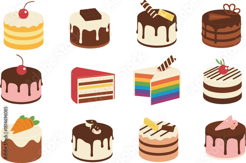 Colorful assorted cake illustrations, chocolate desserts, layered sweets, cartoon pastry icons, bakery treats, dessert collection for design, decoration, and branding