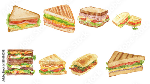 A Diverse Collection of Watercolor Sausages Featuring Grilled, Raw, and Sliced Varieties, Perfect for Culinary Designs, Restaurant Menus, and Food-Themed Projects, Highlighting Delicious Meat Concepts