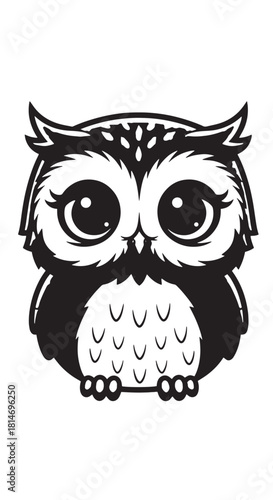 Charming monochrome owl cartoon illustration with bold linework and cute features, perched and ready to inspire imagination.