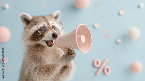 Funny raccoon in glasses shouting into megaphone with pastel background