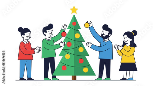 Festive Christmas Spirit: A joyful group collaboratively decorates a Christmas tree, radiating the warmth and cheer of the holiday season, complete with ornaments.