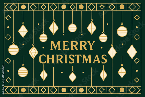 Geometric Festive Ornaments. Ornaments in geometric shapes, including diamonds and spheres, hang in a rhythmic pattern, creating a harmonious flow. The central. Vector illustration