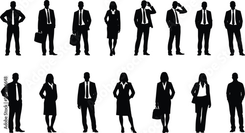 Business people silhouettes in formal attire, diverse corporate professionals standing in various poses, office teamwork concept for modern business design projects