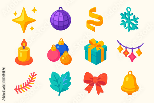 Seasonal Icon Collection. Seasonal Sparkle flat icon set: shimmering star, glitter ball, golden ribbon, snowflake charm, glowing candle, ornament cluster, gift box, sparkling