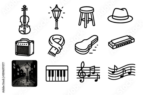 Evening Street Serenade. Evening Performance linear icon set : violin, city lamp, stool, hat, amplifier, guitar case, scarf, soft light, harmonica, glowing street, piano keys