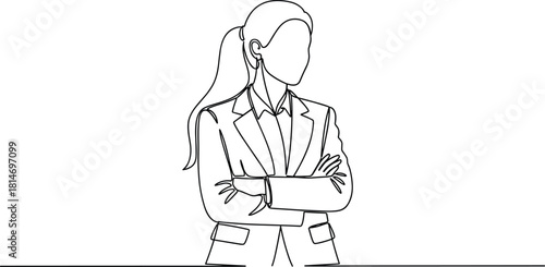 Professional businesswoman line art with crossed arms, confident female leader illustration, minimal continuous line drawing for corporate design projects