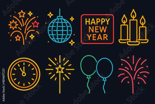 Festive New Year Icons. Vibrant New Year Atmosphere linear icon set. fireworks, disco ball, neon lights, glowing candles, clock striking twelve, garland, sparkler, balloons