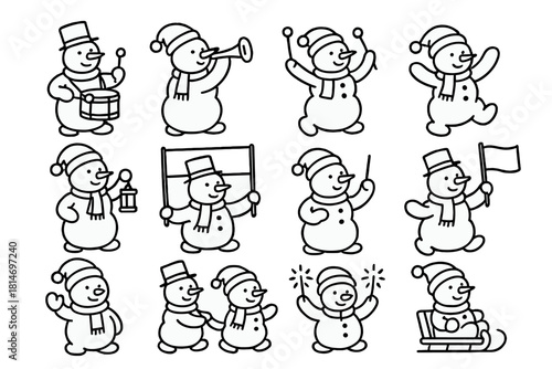 Snowman Parade Icons. Winter Festival Parade linear icon set. snowman drummer, snowman trumpeter, snowman baton twirler, snowman dancer, snowman with lantern, snowman carrying