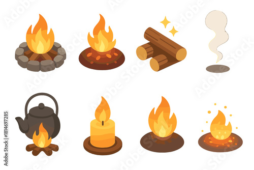 Isometric Fire Icons. Crackling fire flat icon set : campfire ring, glowing ember, spark icon, wooden logs, smoke swirl, kettle, cozy light, ash glow