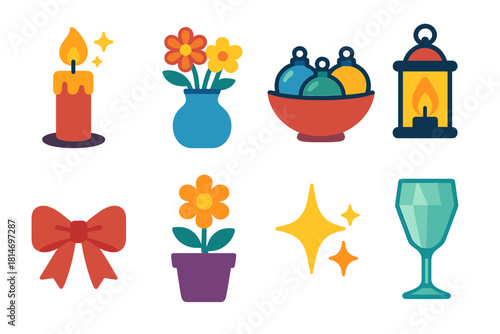 Vibrant Festive Centerpieces. Festive Centerpieces Symbols set flat icons set. glowing candle, floral vase, ornament bowl, lantern light, ribbon accent, flower pot, crystal glass