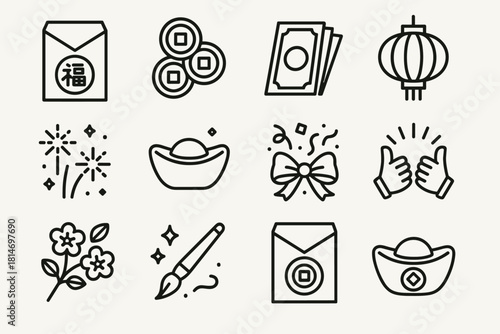 New Year Icons. Lunar New Year Lucky Envelopes linear icon set: red envelopes, golden coins, folded banknotes, lanterns, fireworks, golden ingots, festive ribbons, confetti, cherry