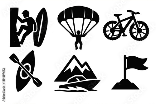 Extreme Adventure Icons. Extreme Adventure silhouette icon set: rock climber, surfboard, parachute, mountain bike, kayak, snow peak, speedboat, adventure flag