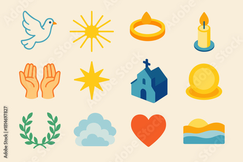 Divine Symbols Collection. Divine Presence flat icons set. dove in flight, glowing rays, halo, candlelight, open palms, star, church silhouette, golden light, wreath, soft mist