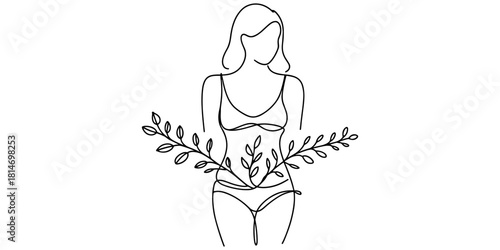 a woman with plants emerging from her pelvic area, symbolizing femininity, fertility, natural wellness, and body connection.