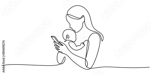 a mother holding her baby and looking at a smartphone, symbolizing modern parenting, care, connection, and technology.