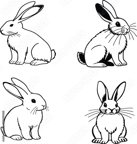 Solid black silhouette of a rabbit sitting with long ears, simple minimal vector clip art, isolated on transparent background. Cute animal symbol.
