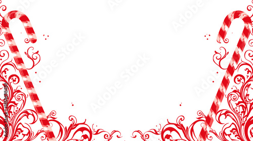 Red candy cane stripes on white background with swirly floral frame. Candy cane stripes Christmas