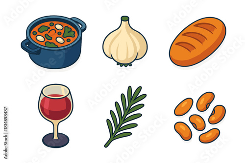 Tuscan Cuisine Icons. Tuscan Cold Weather Dishes flat icon set: ribollita pot, garlic bulb, crusty bread, red wine glass, rosemary sprig, beans