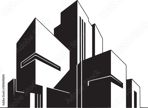 Abstract Geometric Modern Building Silhouette in Black and White Keywords: building