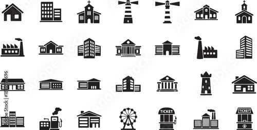 Assortment of black solid icons representing various buildings and structures silhouette