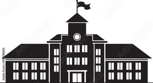 Black silhouette icon of a classic school building with a central tower and flag