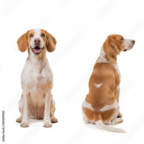 beagle dog isolated on white background. sitting on floor. front and back