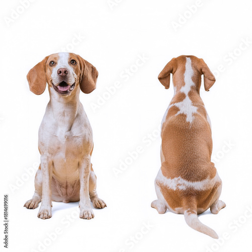 beagle dog isolated on white background. sitting on floor. front and back