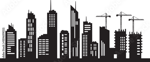 Black Silhouette of a City Skyline with Construction Cranes Keywords: city, skyline, silhouette