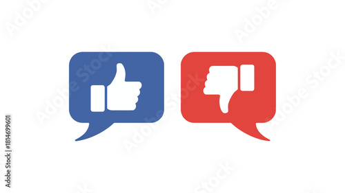 Social media feedback icons blue like and red dislike in speech bubbles, isolated on