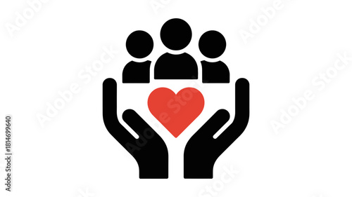 Hands holding a red heart with a group of people above, symbolizing care, community, love, support, and charity, isolated on