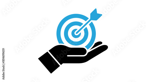 Hand holding a target with an arrow hitting the bullseye, symbolizing business success, strategic achievement, and goal accomplishment, isolated on