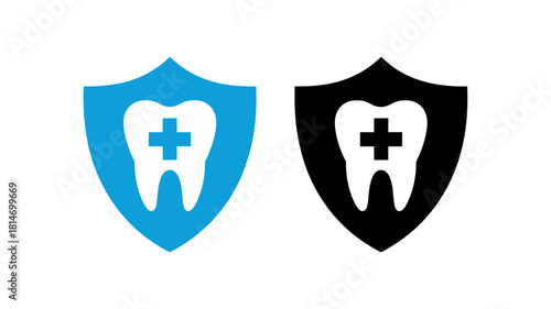 Dental protection shield icon in blue and black, symbolizing oral health, care, and medical dentistry, isolated on