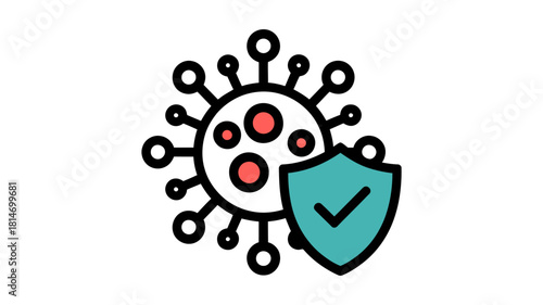 Virus particle icon with a protective shield and checkmark, symbolizing immunity, health defense, and disease prevention, isolated on