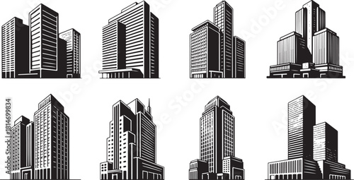 Collection of Black and White Skyscraper Icons Keywords: skyscraper, building, city, urban
