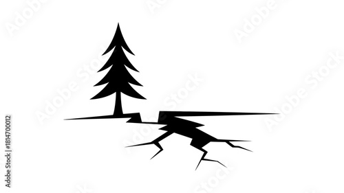 A pine tree silhouette stands on severely cracked ground, symbolizing earthquake, drought, environmental damage, or instability, isolated on