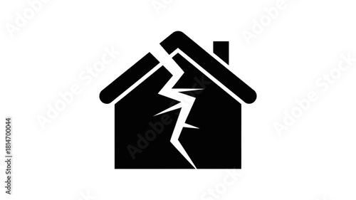 Black icon of a house with a significant crack down the middle, symbolizing damage, crisis, or a broken home, isolated on