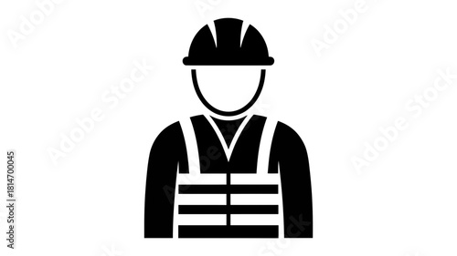Black silhouette icon of a construction worker wearing a hard hat and safety vest, symbolizing labor, safety, and industrial work, isolated on